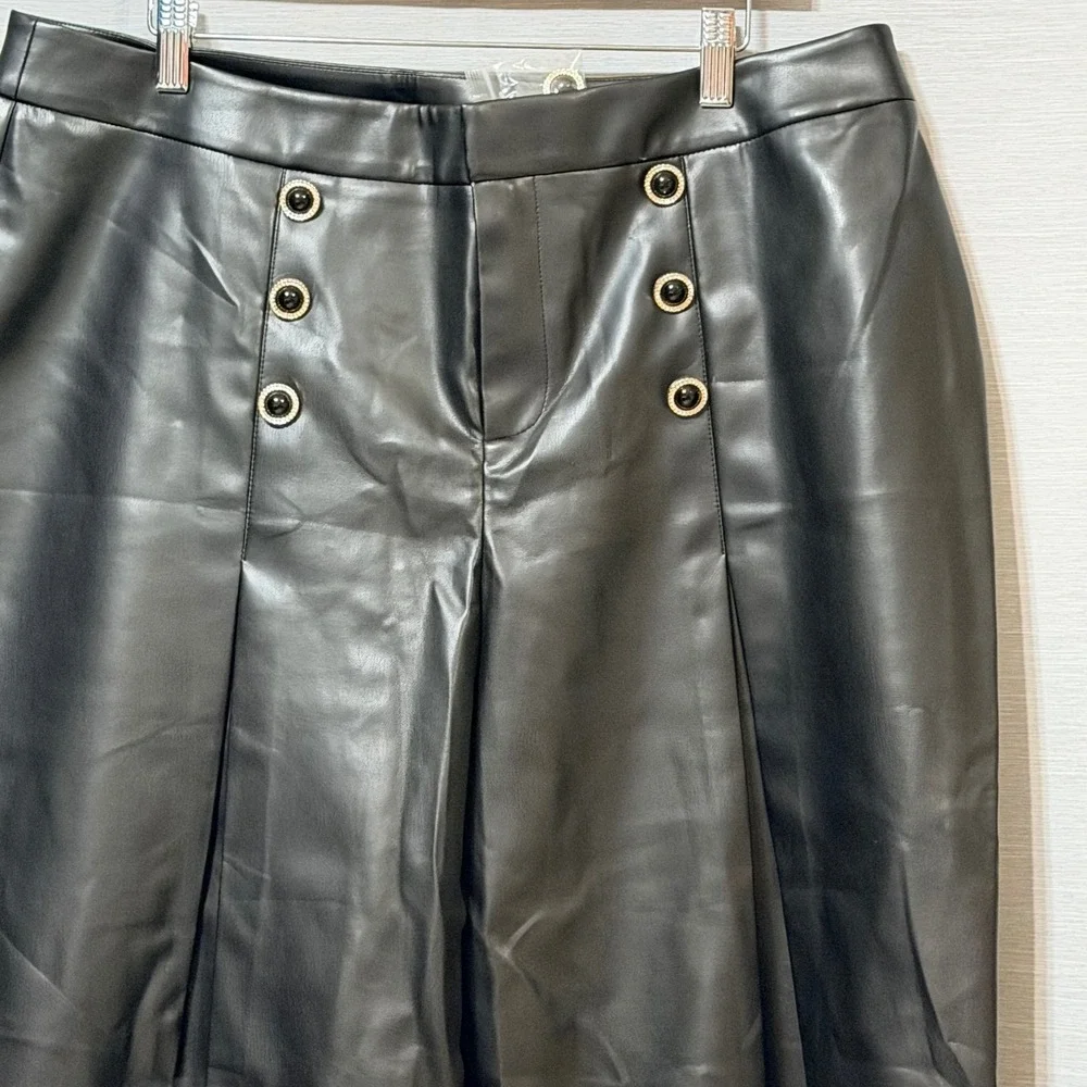 Midnight Velvet Womens Black Faux Leather Wide Leg Sailor Button Pants Size 16